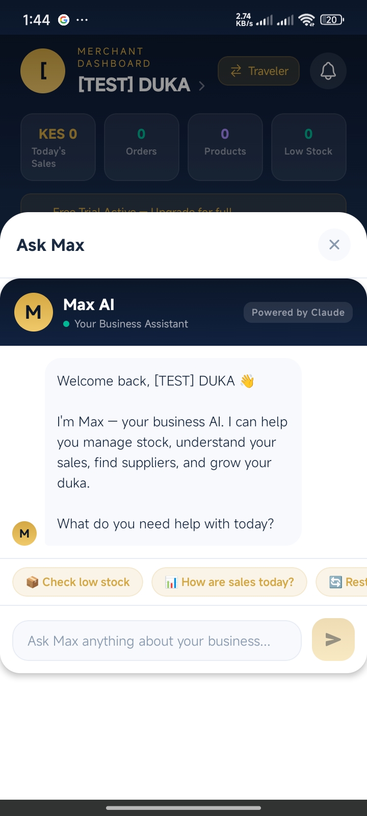 Max AI business assistant showing daily insights and growth suggestions for a merchant